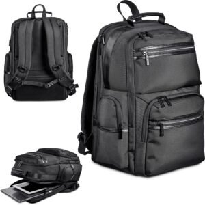 CODE: BG-AV-463-B Alex Varga Fitzrovia Laptop Backpack A fully-loaded, large laptop backpack for travel and daily use. The strong, durable fabric and the re-enforced padding on the back panel gives comfort and support when you’re carrying a heavy load. The bag is kitted with numerous zip pockets for safe and organised storage, and a USB charging port to charge your phone on the go. The concealed back zip pocket is a feature for quick access to your safely stored travel documents. 33 ( l ) x 16 ( w ) x 47 ( h ) cm 2520D nylon 25L Features include: padded carry handle two main compartments two front zip pockets two side zip pockets padded laptop compartment fits a 15.6 inch laptop up to 17inch laptop padded tablet compartment fits a 12 inch tablet padded, adjustable shoulder straps with breathable air-mesh lining padded back panel concealed back zip pocket strap to slip over a trolley bag handle USB charging port with power bank pocket